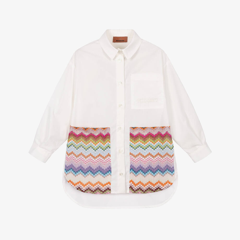Missoni-Girls Ivory Cotton Poplin Shirt with Zigzag Pockets | Childrensalon