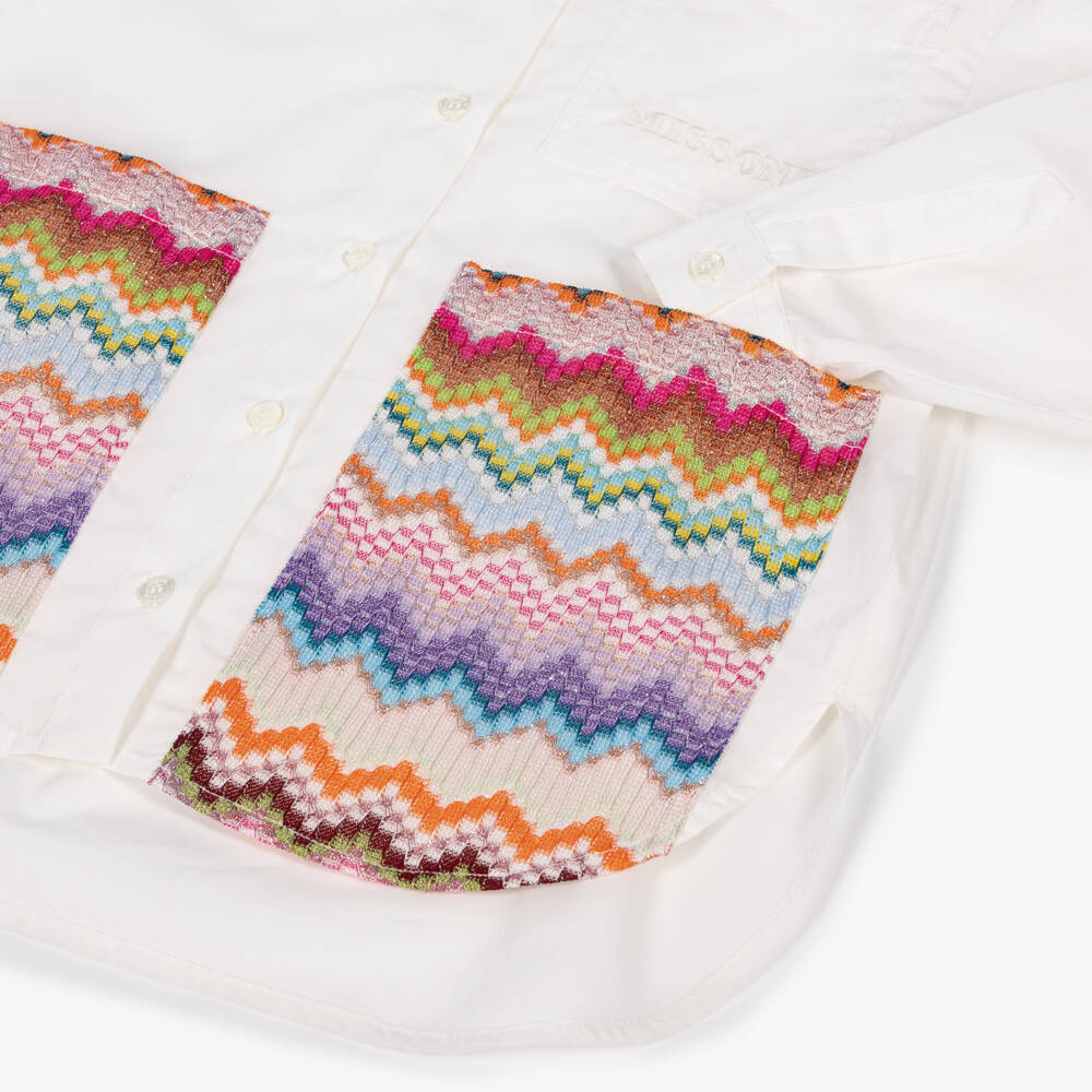 Missoni-Girls Ivory Cotton Poplin Shirt with Zigzag Pockets | Childrensalon