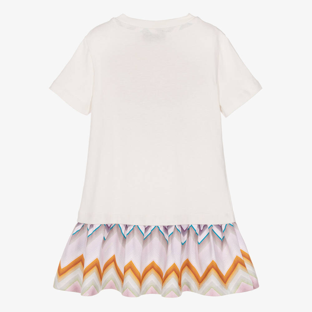 Missoni-Girls Ivory Organic Cotton T-Shirt Dress with Zigzag Skirt | Childrensalon