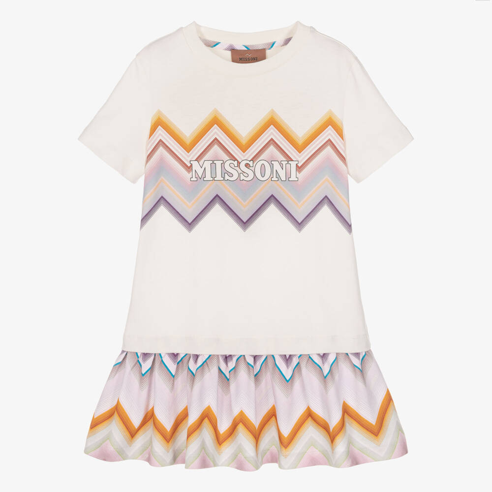 Missoni-Girls Ivory Organic Cotton T-Shirt Dress with Zigzag Skirt | Childrensalon