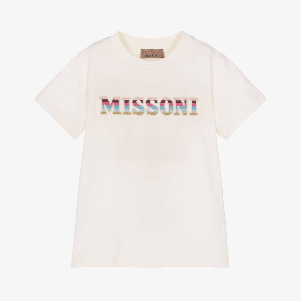 Missoni-Girls Ivory Organic Cotton T-Shirt with Striped Letters | Childrensalon