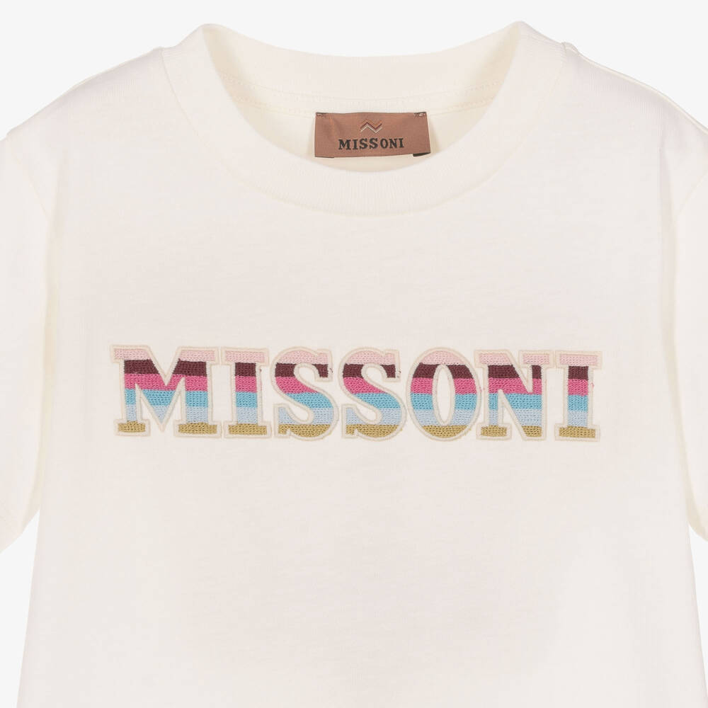 Missoni-Girls Ivory Organic Cotton T-Shirt with Striped Letters | Childrensalon