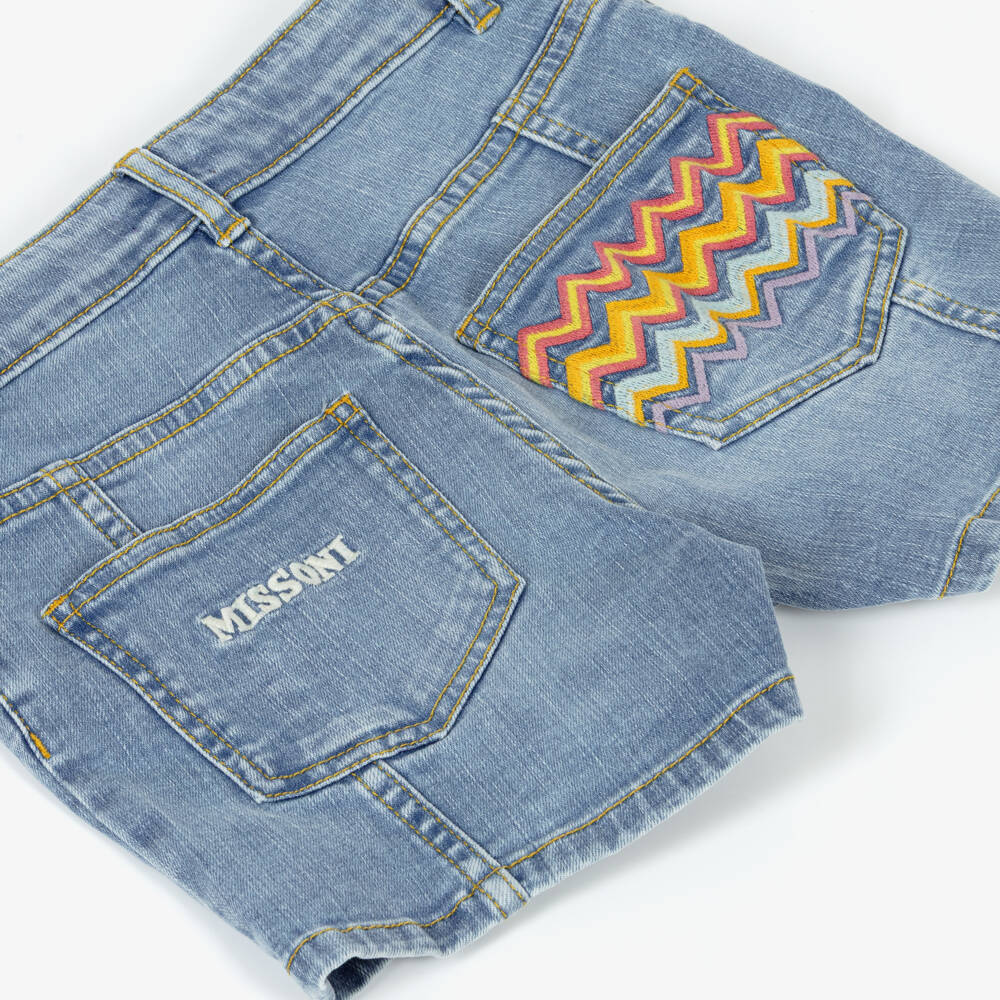 Missoni-Girls Light Blue Denim Shorts with Zigzag Trimmed Pocket | Childrensalon