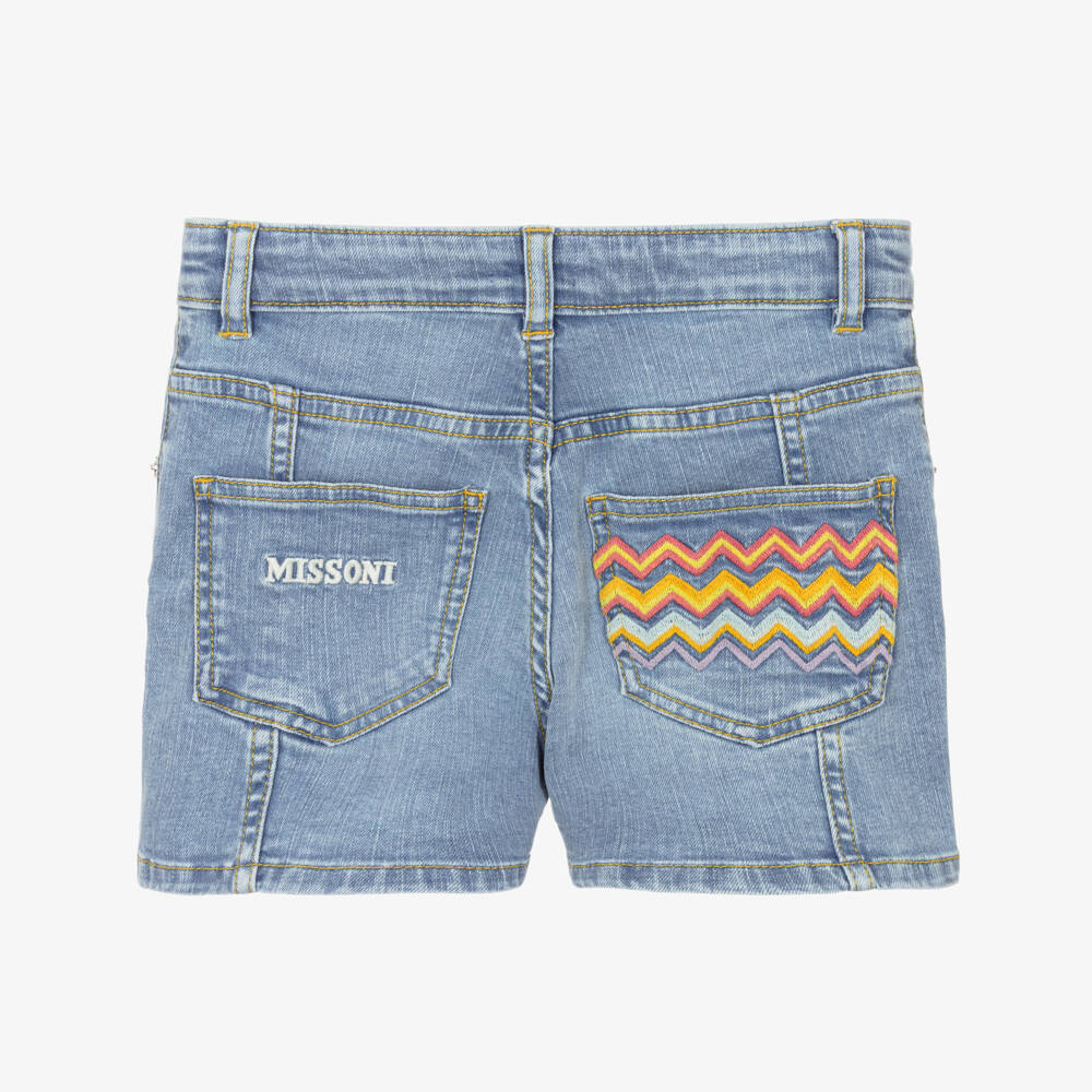 Missoni-Girls Light Blue Denim Shorts with Zigzag Trimmed Pocket | Childrensalon