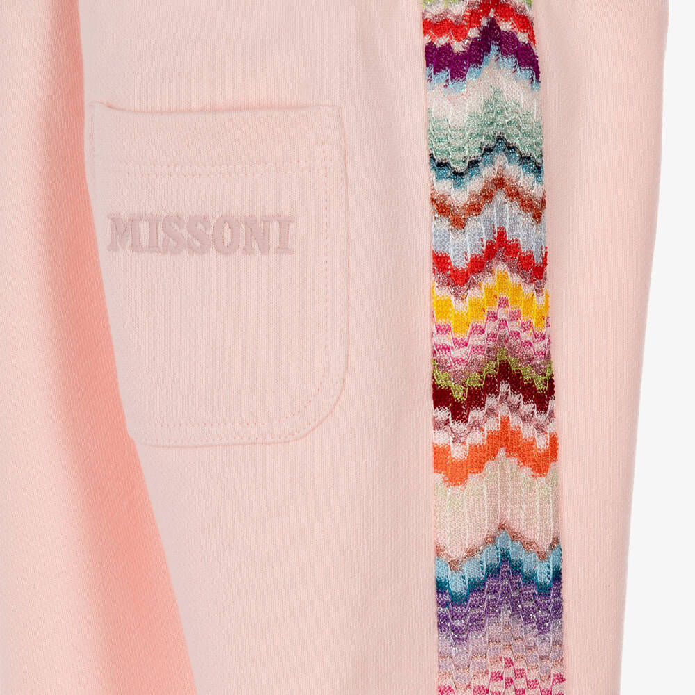 Missoni-Girls Pale Pink Cotton Joggers with Zigzag Trim | Childrensalon