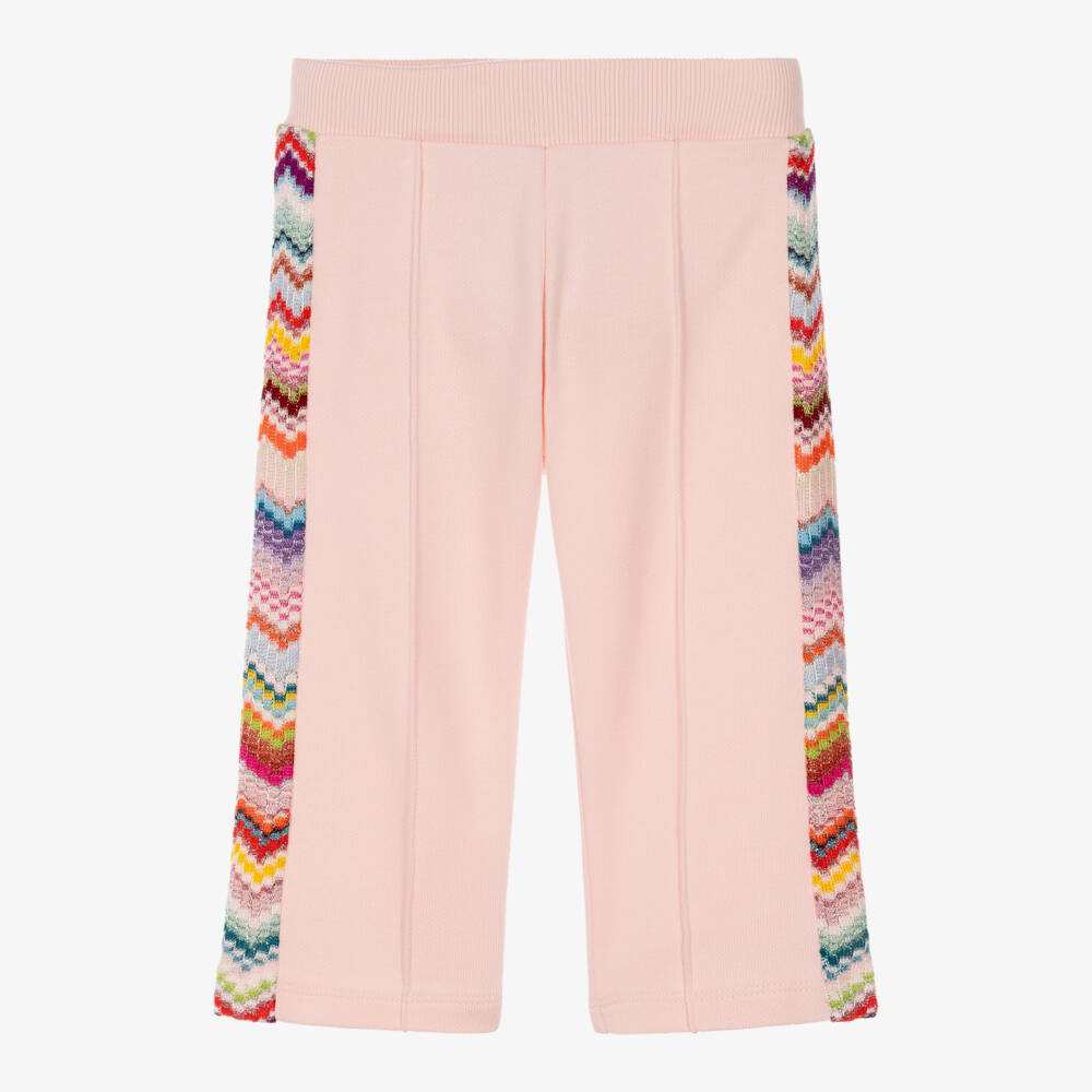 Missoni-Girls Pale Pink Cotton Joggers with Zigzag Trim | Childrensalon
