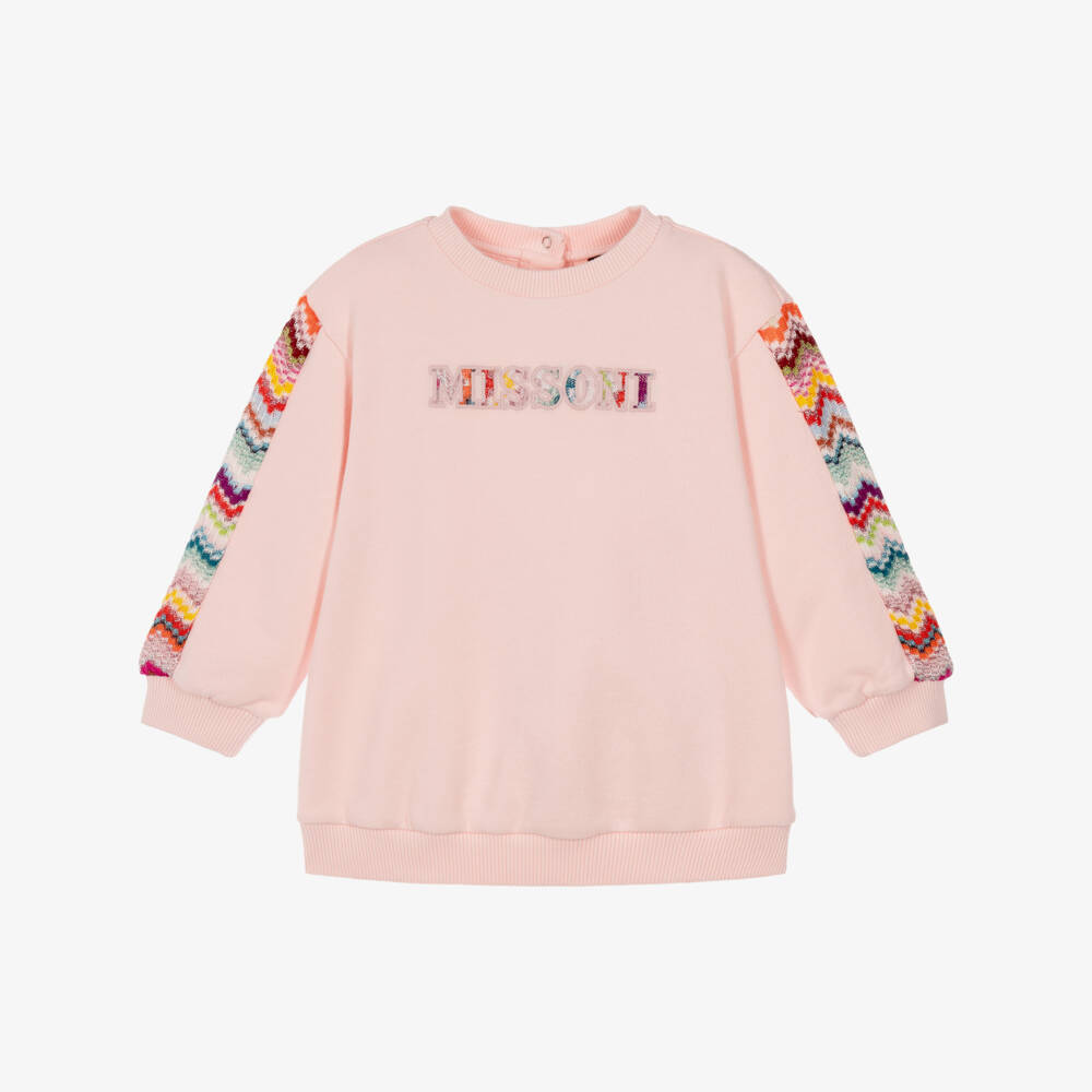 Missoni-Girls Pale Pink Cotton Sweatshirt with Zigzag Trim | Childrensalon