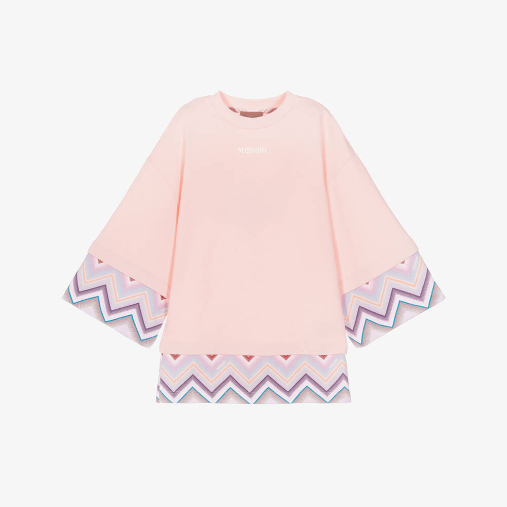 Missoni-Girls Pink Cotton Sweatshirt Dress with Zigzag Detail | Childrensalon