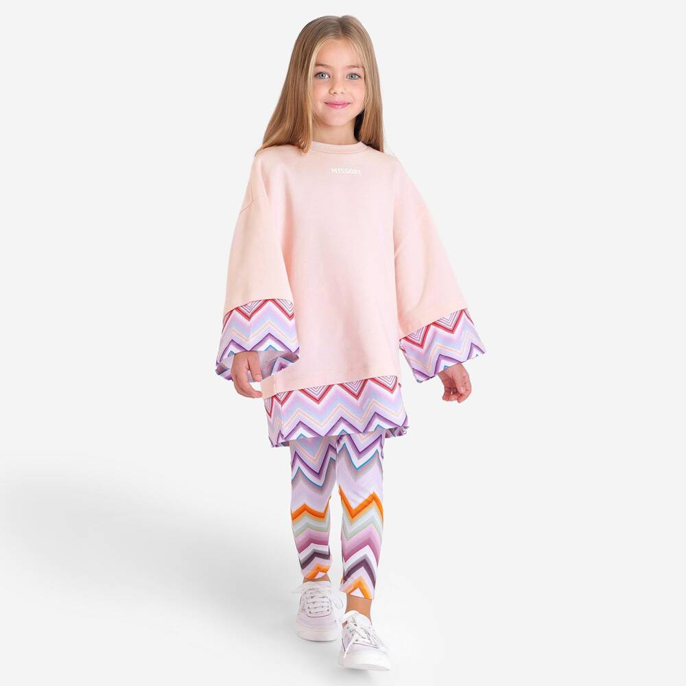 Missoni-Girls Pink Cotton Sweatshirt Dress with Zigzag Detail | Childrensalon