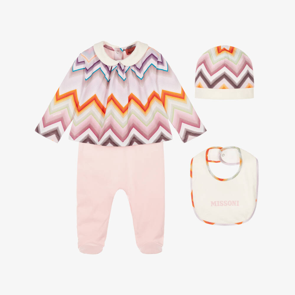 Missoni-Girls Pink Cotton Zigzag Print Babysuit Gift Set | Childrensalon
