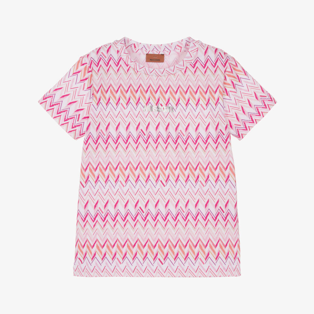 Missoni-Футболка розово-белая из хлопка с зигзагами для девочек | Childrensalon