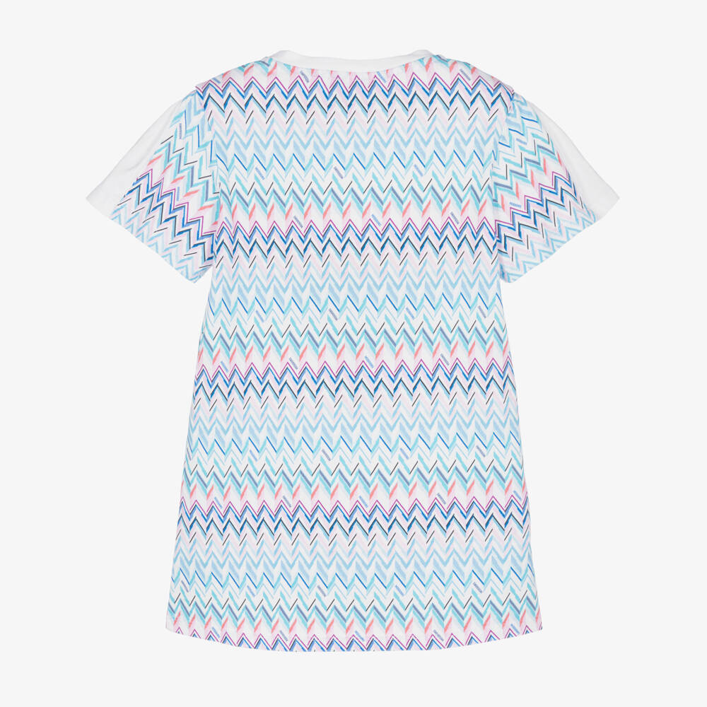 Missoni-Girls White Cotton Jersey Dress with Blue Zigzag Pattern | Childrensalon
