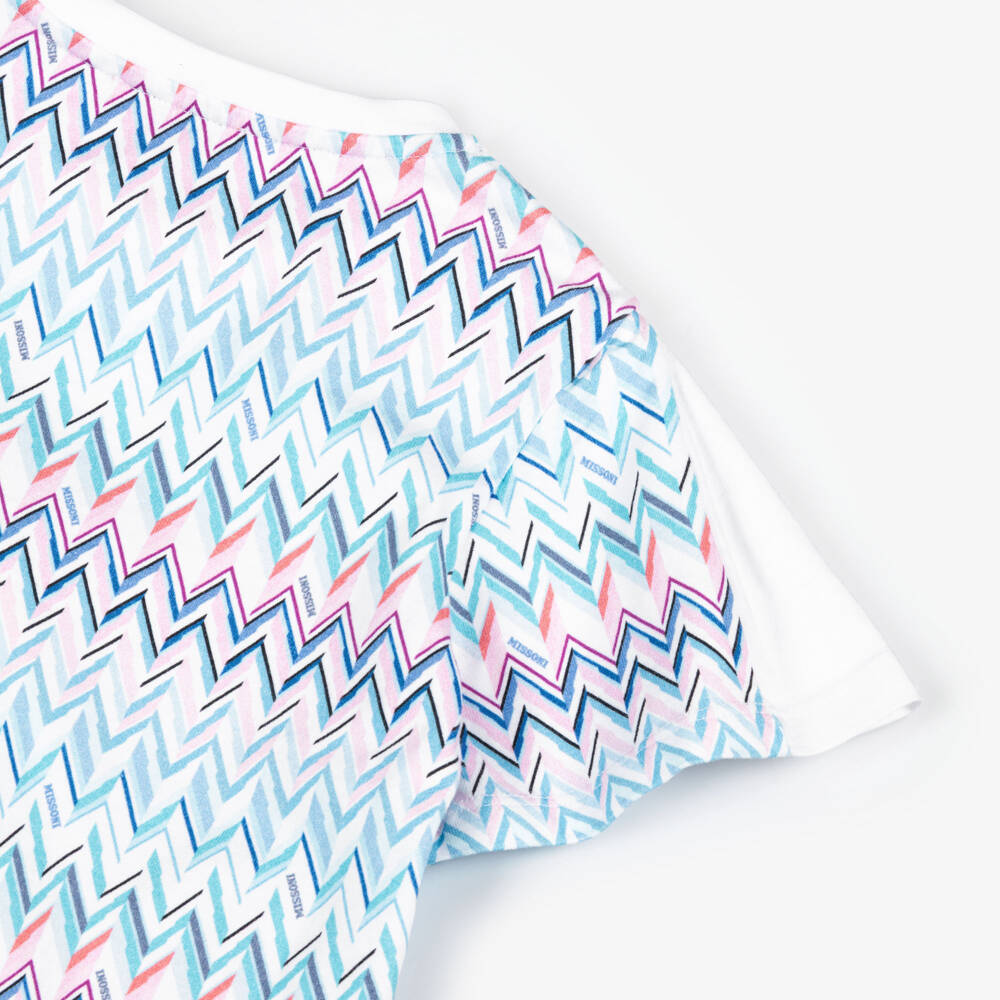 Missoni-Girls White Cotton Jersey Dress with Blue Zigzag Pattern | Childrensalon