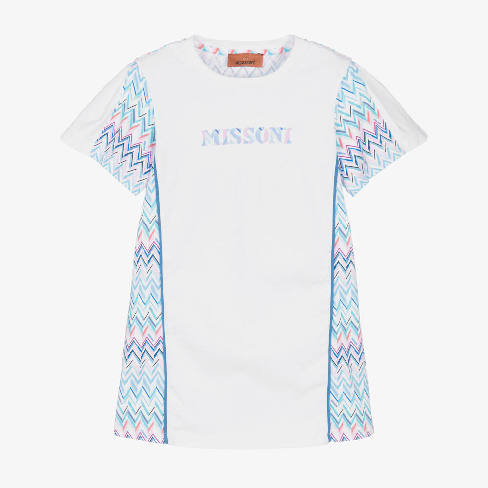 Missoni-Girls White Cotton Jersey Dress with Blue Zigzag Pattern | Childrensalon