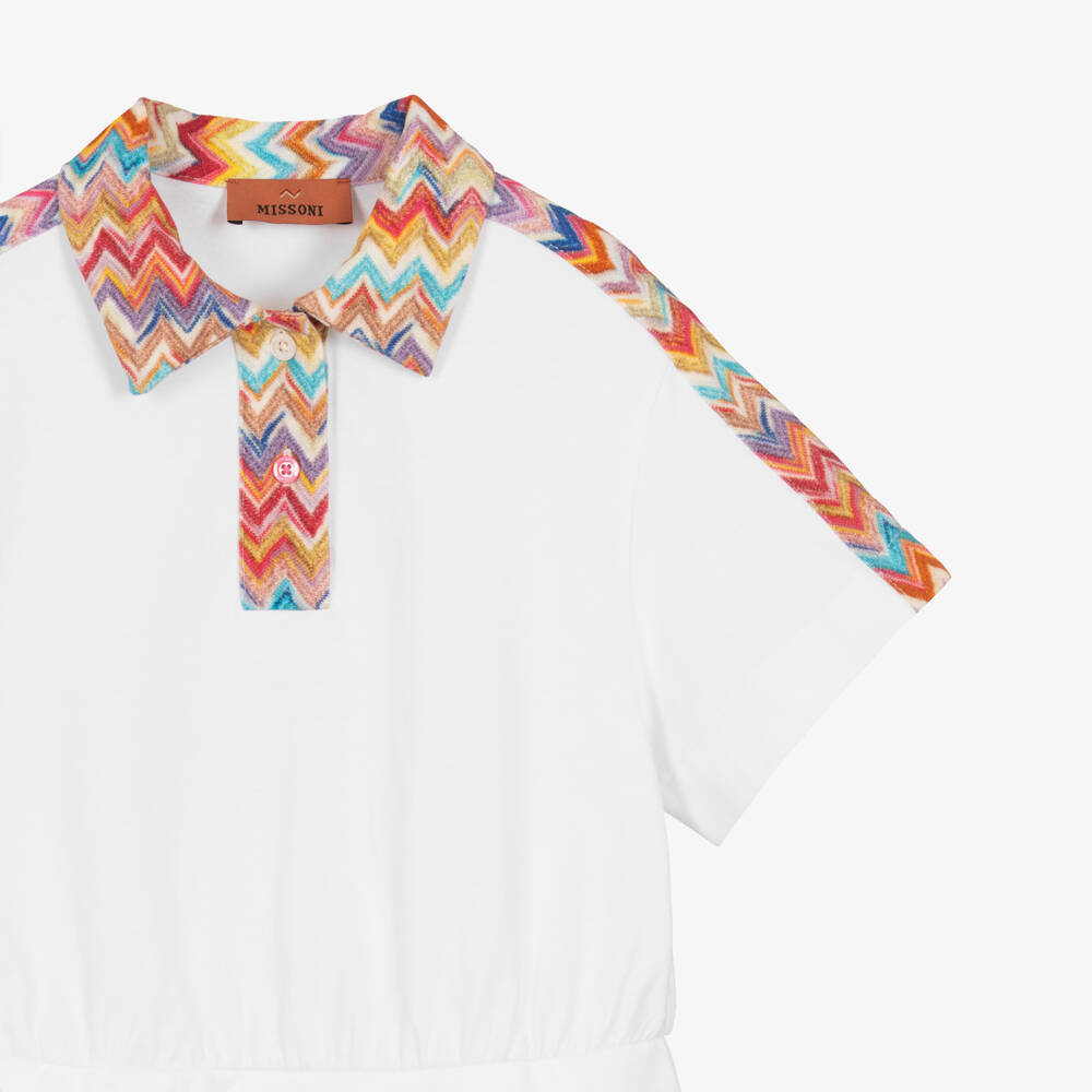 Missoni-Girls White Cotton Jersey Dress with Colourful Zigzag Trim | Childrensalon