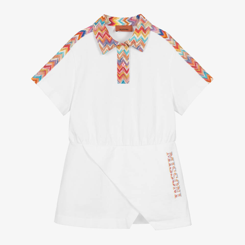 Missoni-Girls White Cotton Jersey Dress with Colourful Zigzag Trim | Childrensalon