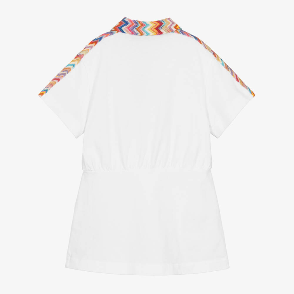 Missoni-Girls White Cotton Jersey Dress with Colourful Zigzag Trim | Childrensalon