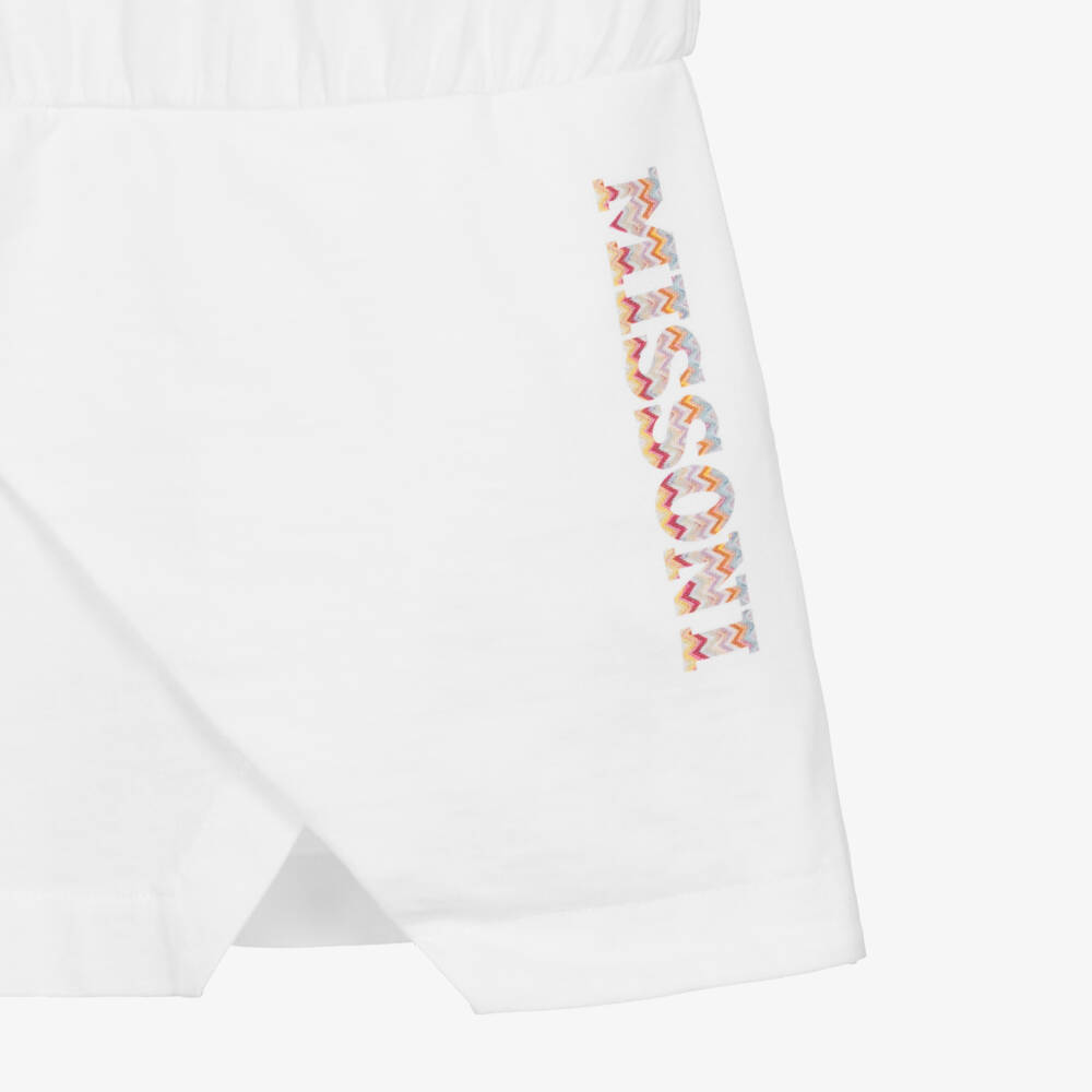 Missoni-Girls White Cotton Jersey Dress with Colourful Zigzag Trim | Childrensalon