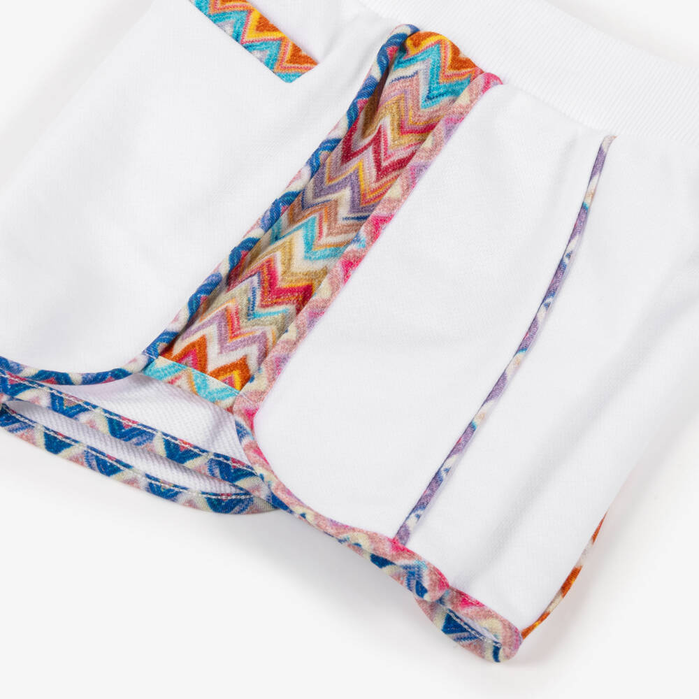 Missoni-Girls White Cotton Jersey Shorts with Zigzag Trim | Childrensalon