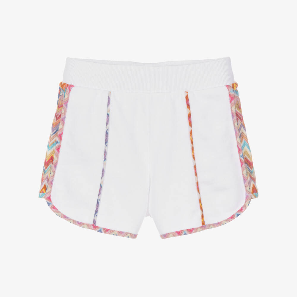 Missoni-Girls White Cotton Jersey Shorts with Zigzag Trim | Childrensalon