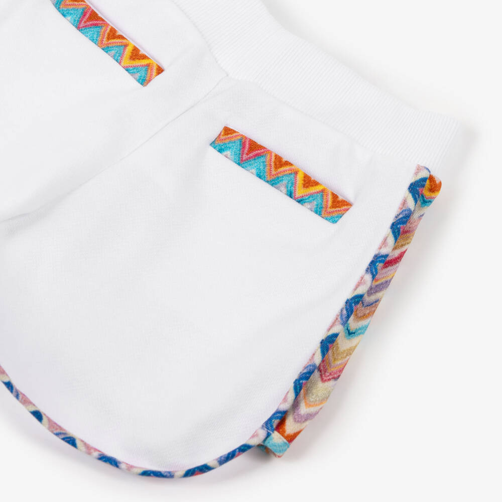 Missoni-Girls White Cotton Jersey Shorts with Zigzag Trim | Childrensalon