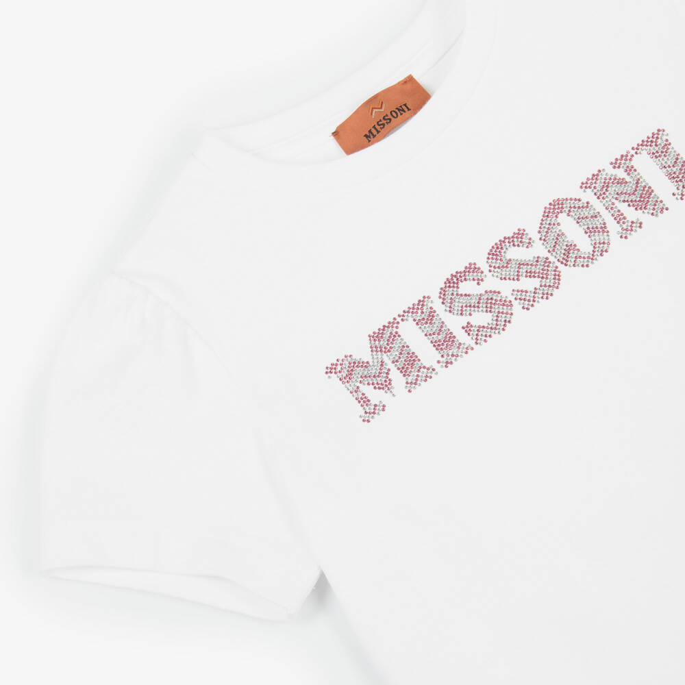 Missoni-Girls White Cotton Jersey T-Shirt Dress with Diamanté Logo | Childrensalon
