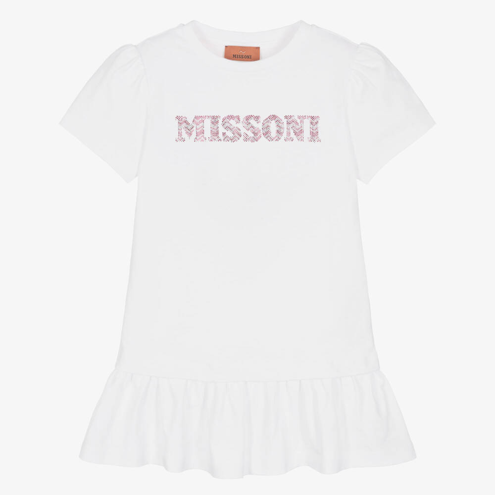 Missoni-Girls White Cotton Jersey T-Shirt Dress with Diamanté Logo | Childrensalon
