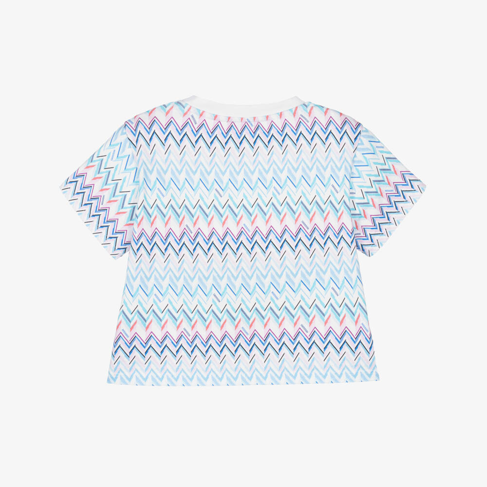 Missoni-Girls White Cotton Jersey T-Shirt with Blue Zigzag Pattern | Childrensalon