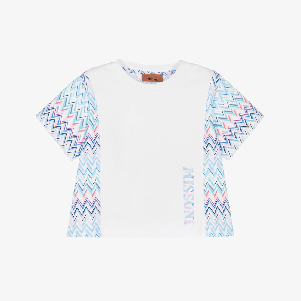 Missoni-Girls White Cotton Jersey T-Shirt with Blue Zigzag Pattern | Childrensalon