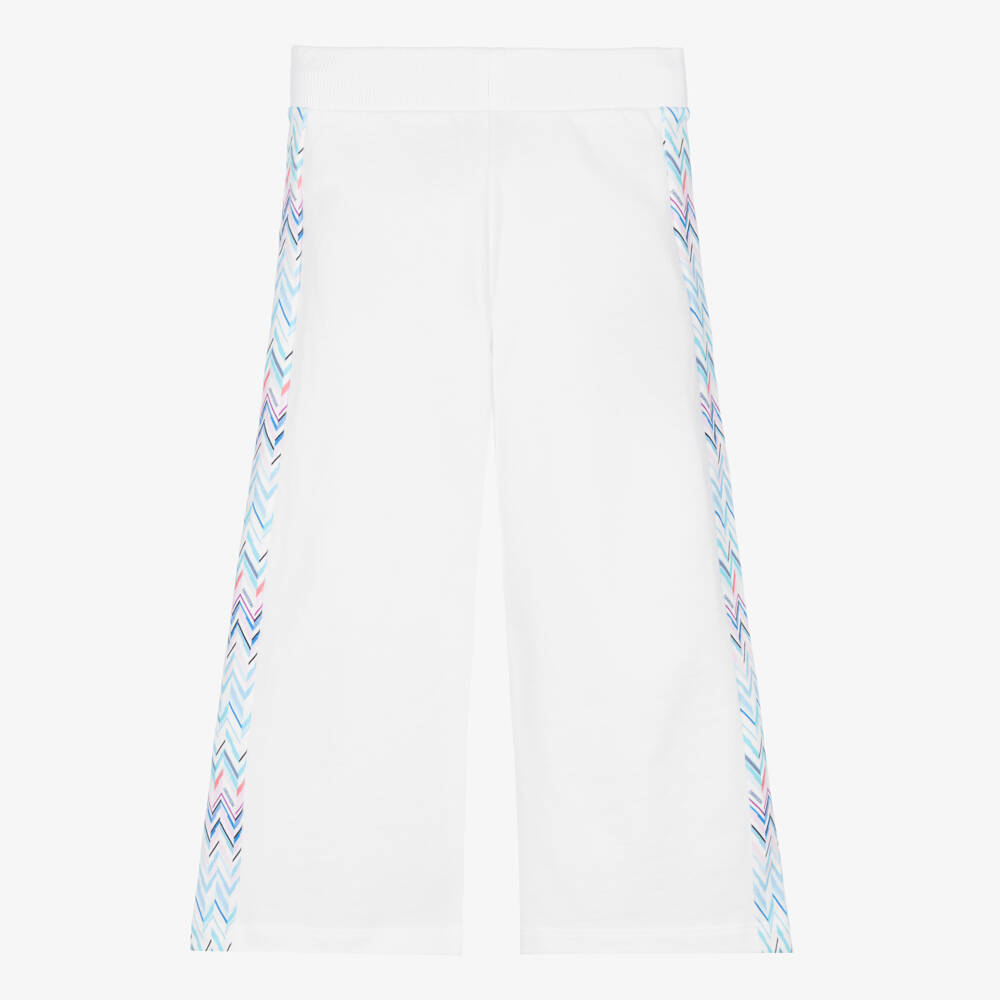 Missoni-Girls White Cotton Jersey Wide-Leg Joggers with Zigzag Trim | Childrensalon