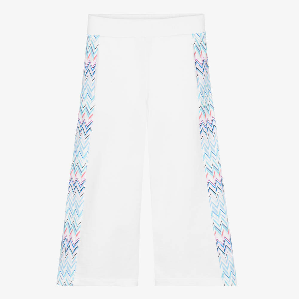 Missoni-Girls White Cotton Jersey Wide-Leg Joggers with Zigzag Trim | Childrensalon