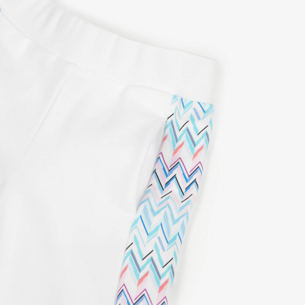 Missoni-Girls White Cotton Jersey Wide-Leg Joggers with Zigzag Trim | Childrensalon