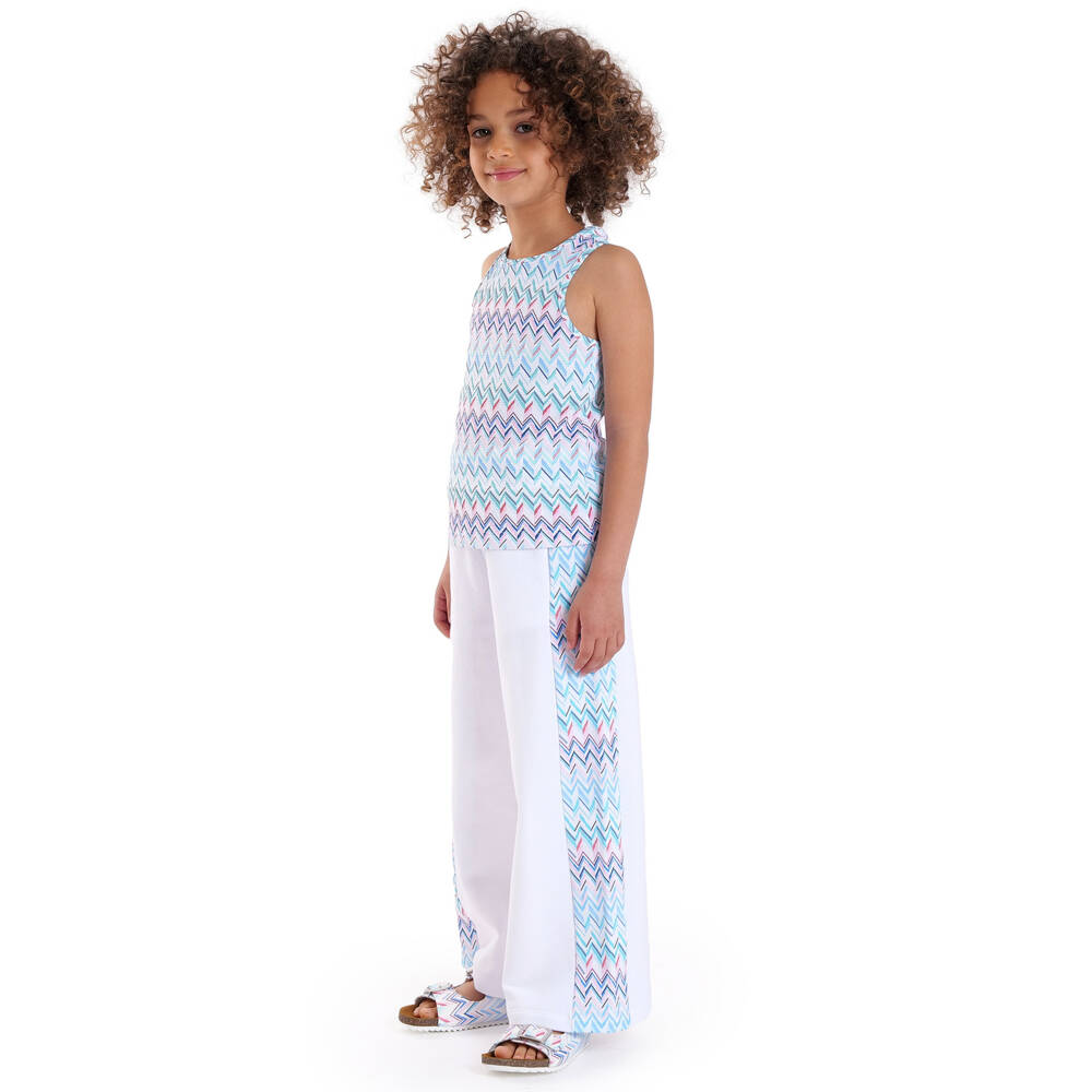 Missoni-Girls White Cotton Jersey Wide-Leg Joggers with Zigzag Trim | Childrensalon