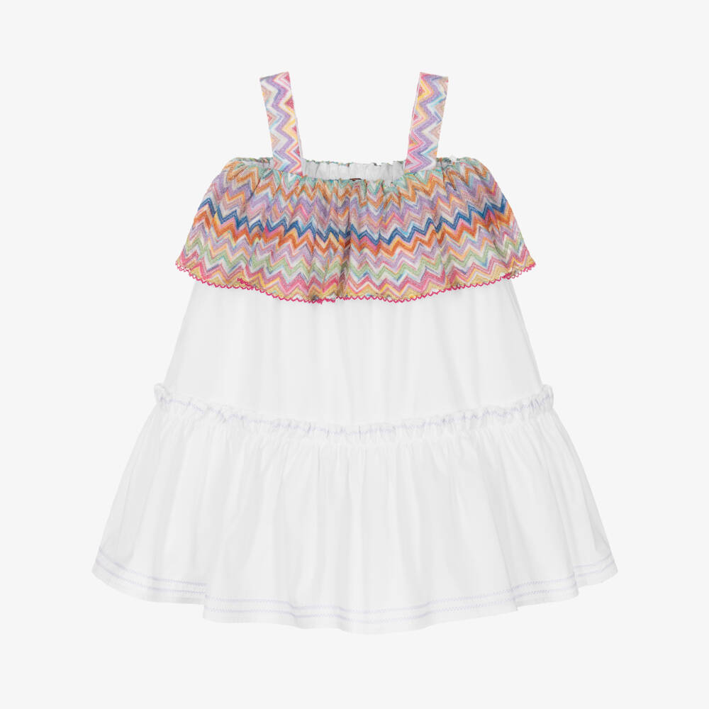 Missoni-Girls White Cotton Sleeveless Dress with Zigzag Ruffle | Childrensalon