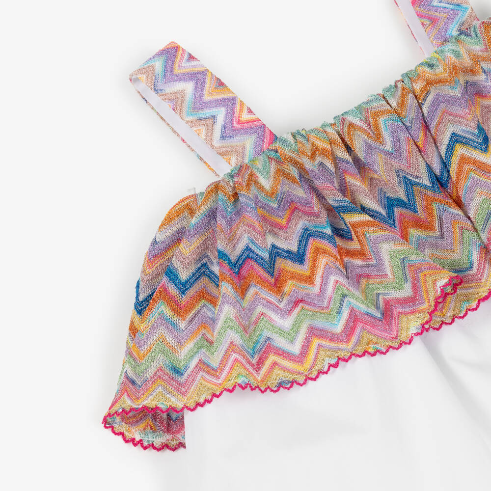 Missoni-Girls White Cotton Sleeveless Dress with Zigzag Ruffle | Childrensalon