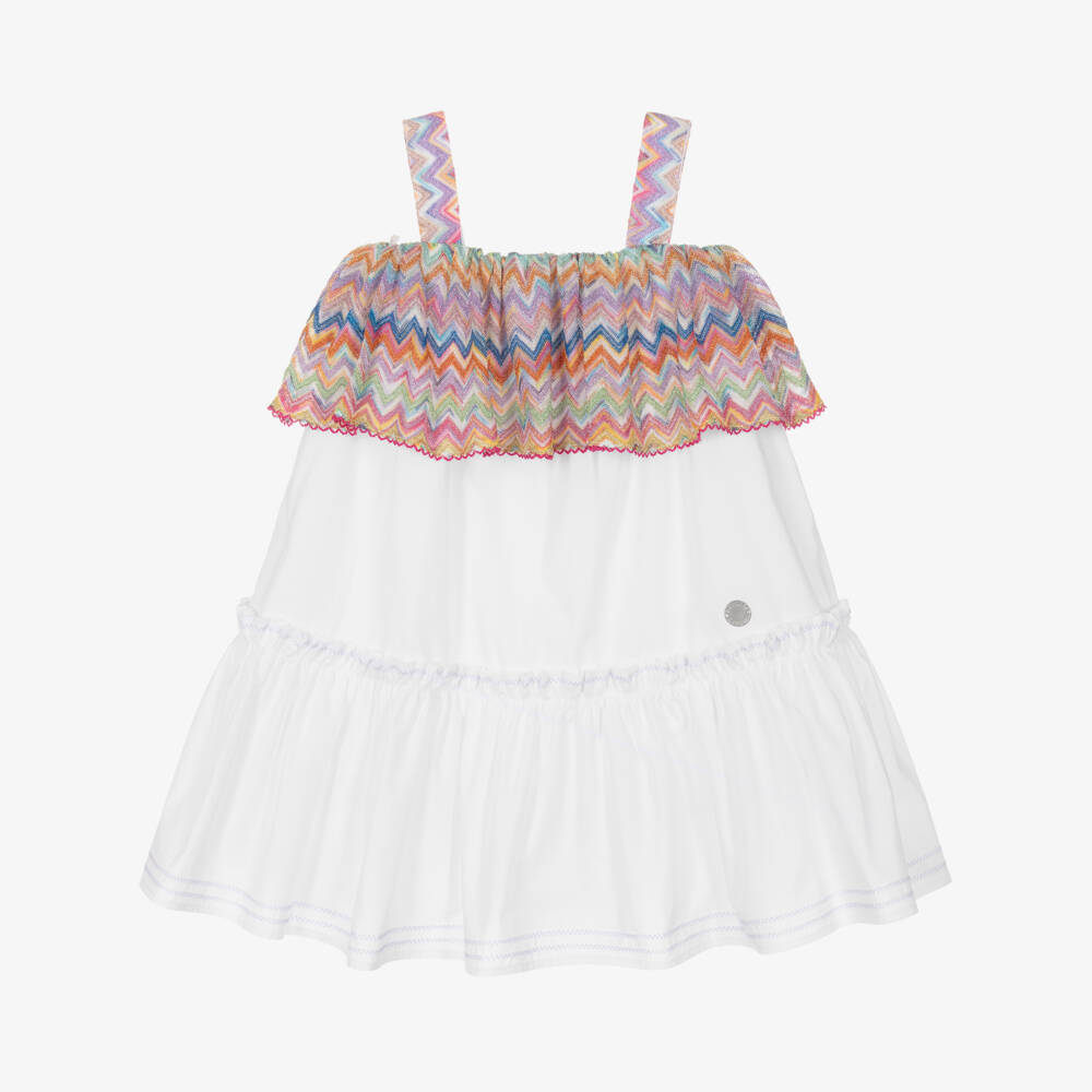 Missoni-Girls White Cotton Sleeveless Dress with Zigzag Ruffle | Childrensalon