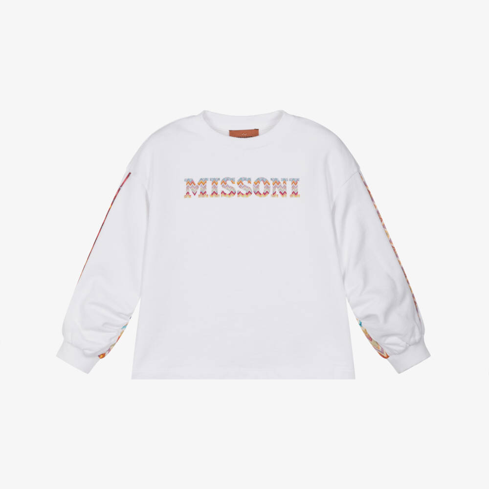 Missoni-Свитшот белый хлопковый с яркой зигзагообразной отделкой для девочек  | Childrensalon