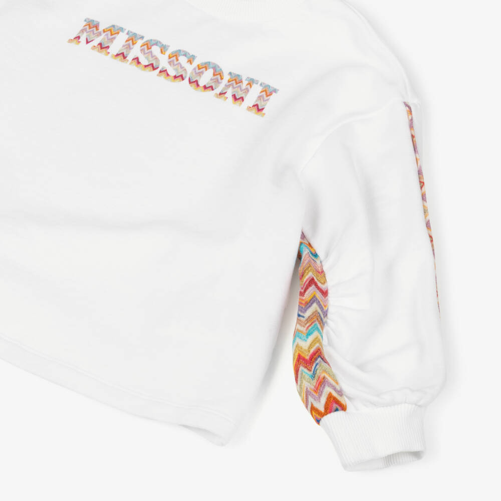 Missoni-Свитшот белый хлопковый с яркой зигзагообразной отделкой для девочек | Childrensalon