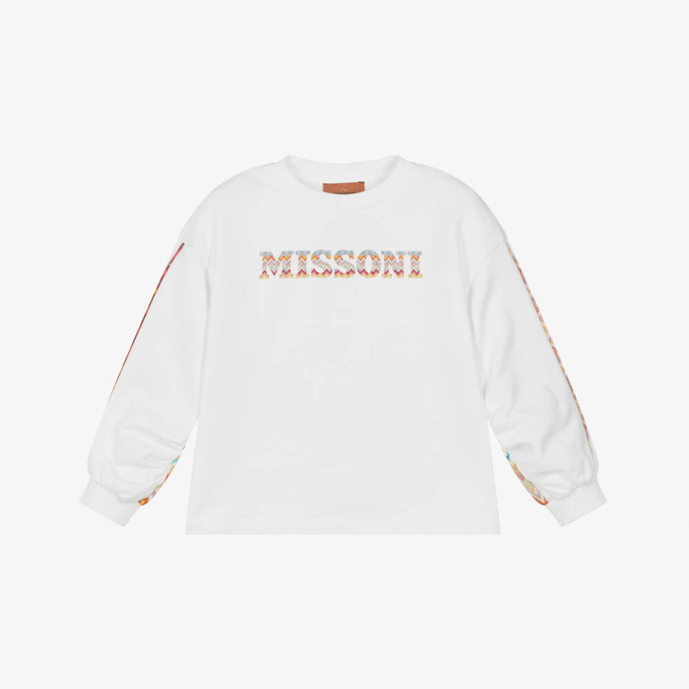 Missoni-Свитшот белый хлопковый с яркой зигзагообразной отделкой для девочек | Childrensalon