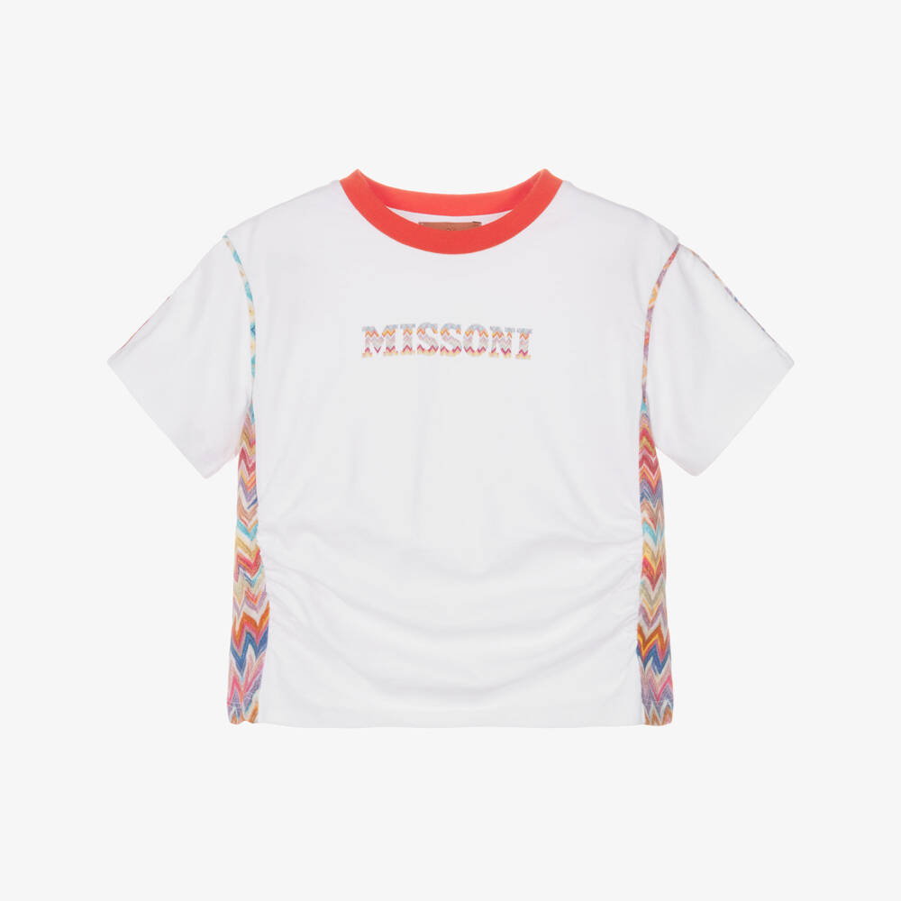 Missoni-Футболка белая из хлопка с зигзагообразной отделкой для девочек | Childrensalon