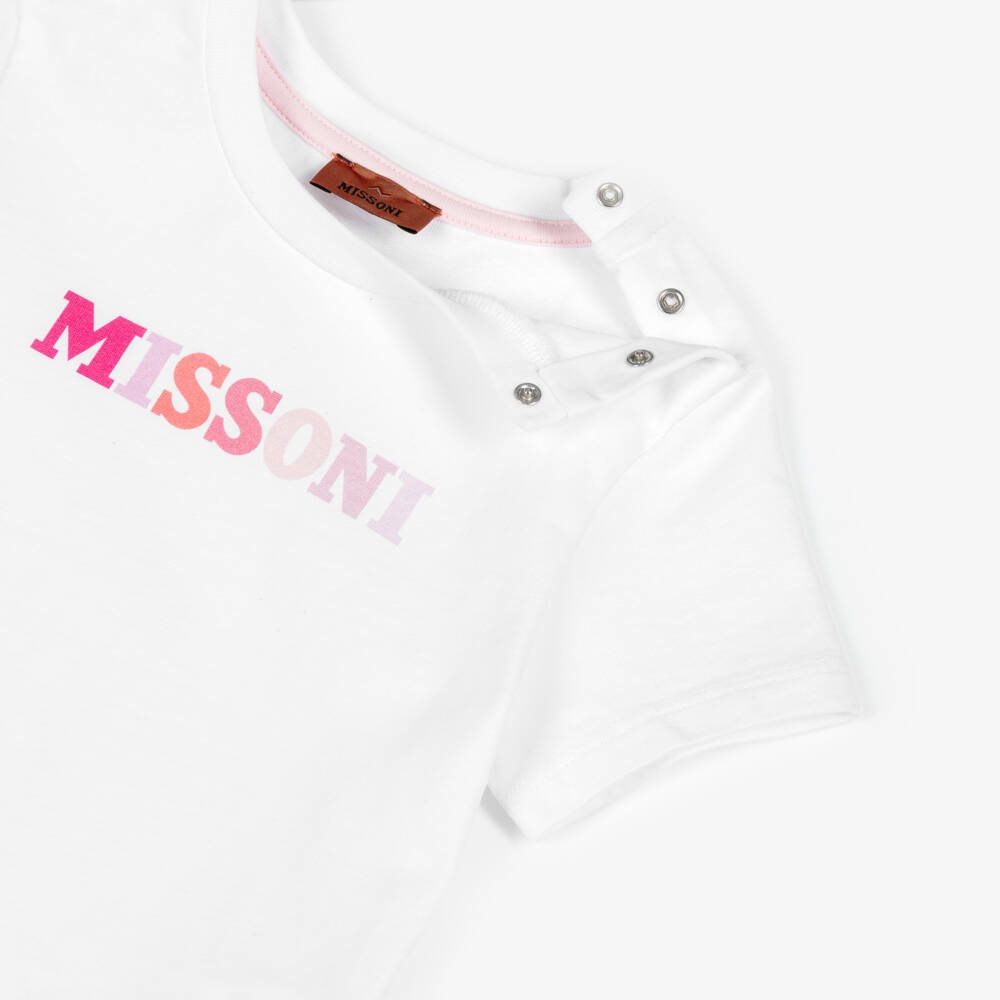 Missoni-Girls White Cotton T-Shirt with Pink Logo | Childrensalon