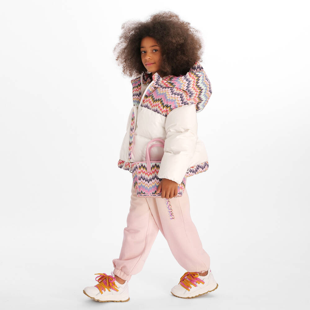 Missoni-Girls White & Pink Zigzag Down Puffer Jacket | Childrensalon
