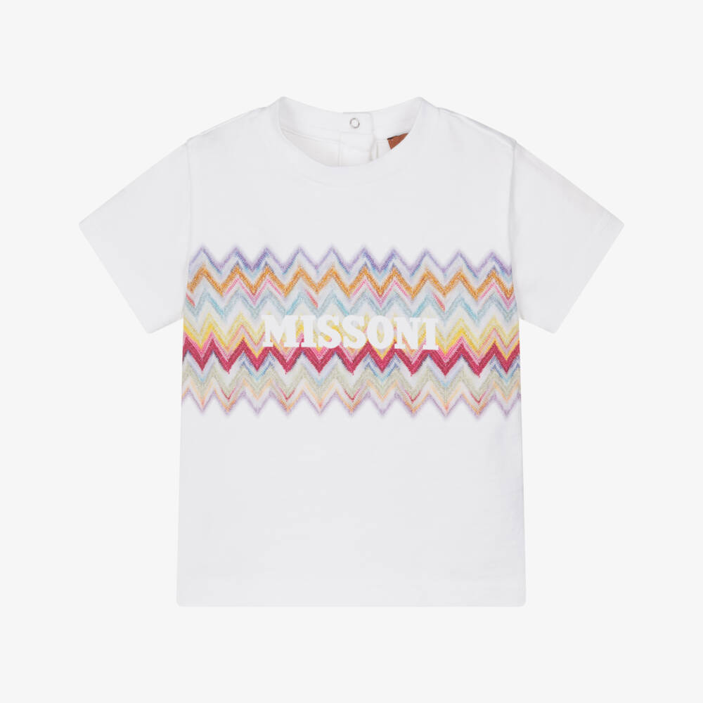 Missoni-Футболка белая из хлопкового джерси с зигзагом и логотипом для девочек  | Childrensalon