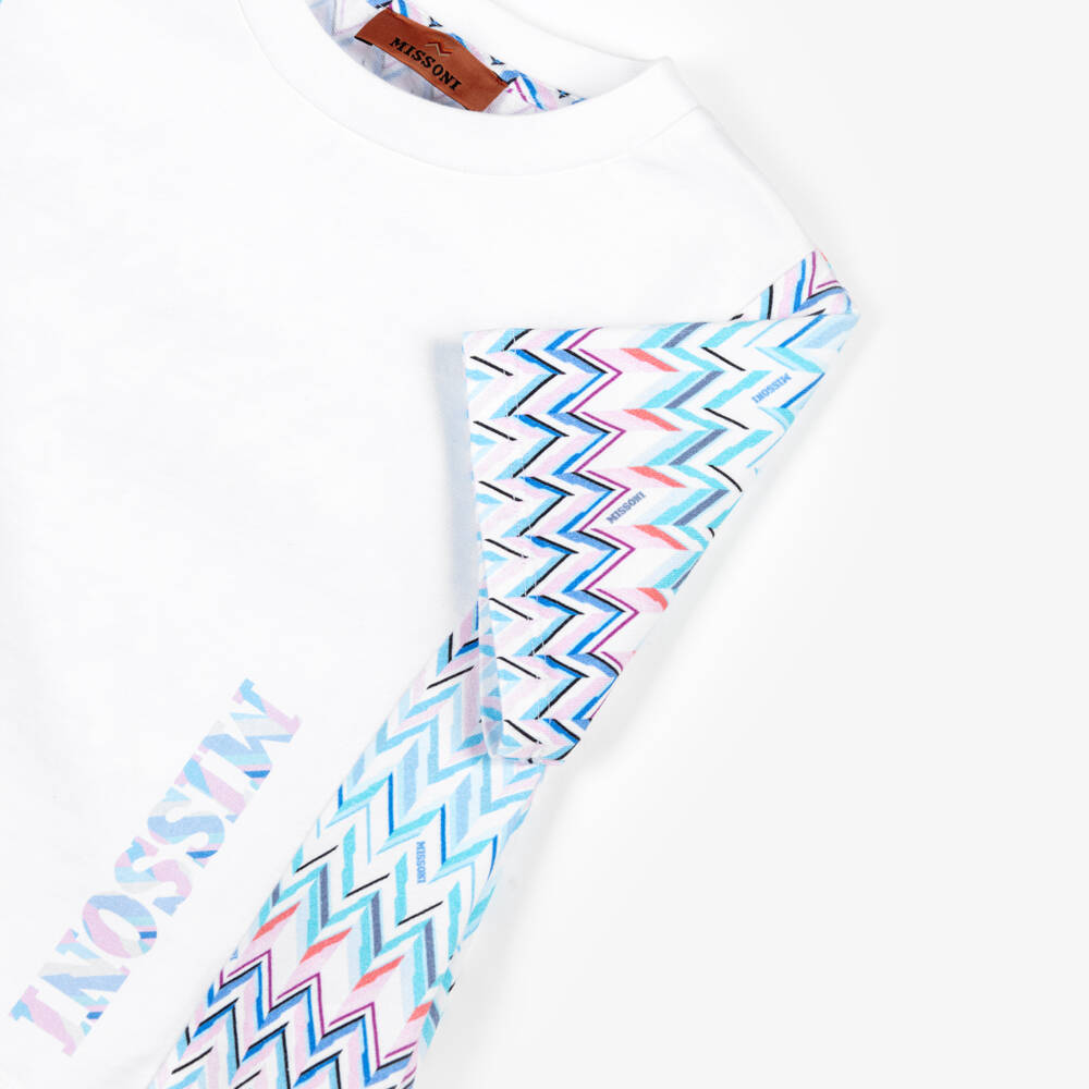 Missoni-Girls White Cotton Jersey T-Shirt with Blue Zigzag Pattern | Childrensalon