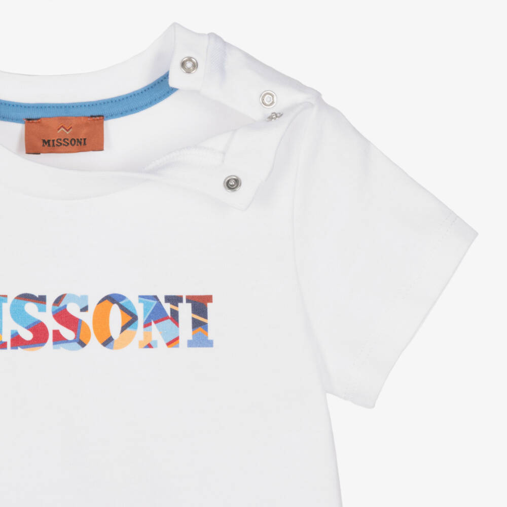 Missoni-Boys White Cotton T-Shirt with Multi-Coloured Logo | Childrensalon