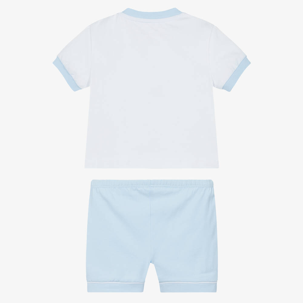 Mitch & Son-Baby Boys White & Blue Embroidered Logo Cotton Shorts Set | Childrensalon