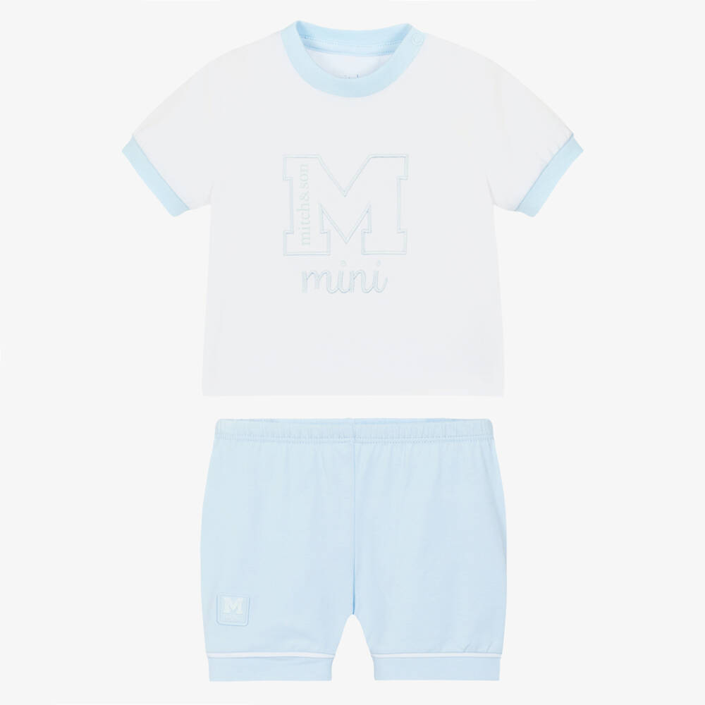 Mitch & Son-Baby Boys White & Blue Embroidered Logo Cotton Shorts Set | Childrensalon