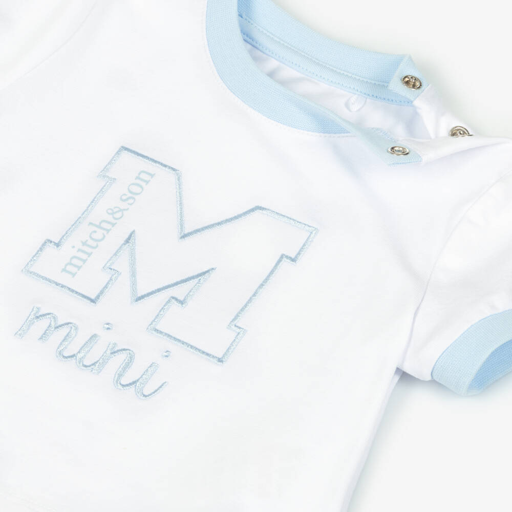 Mitch & Son-Baby Boys White & Blue Embroidered Logo Cotton Shorts Set | Childrensalon