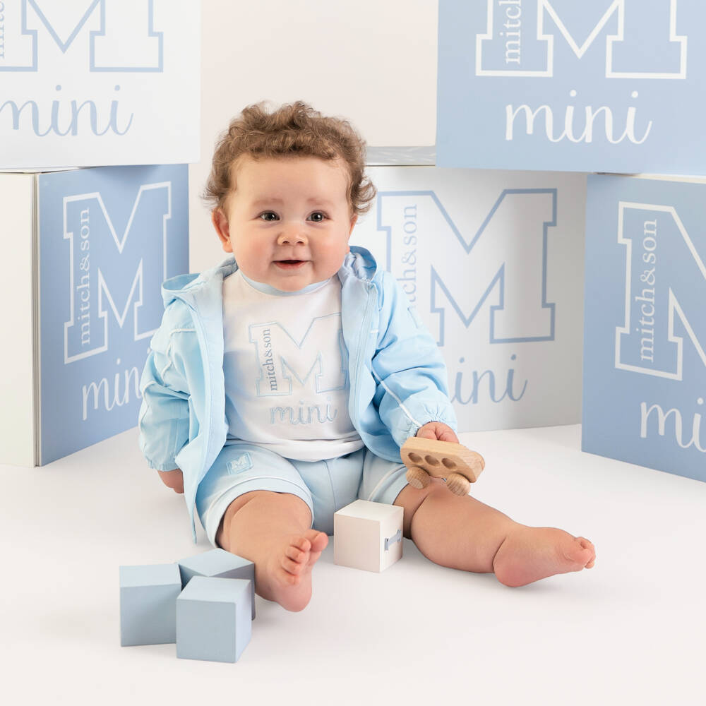 Mitch & Son-Baby Boys White & Blue Embroidered Logo Cotton Shorts Set | Childrensalon