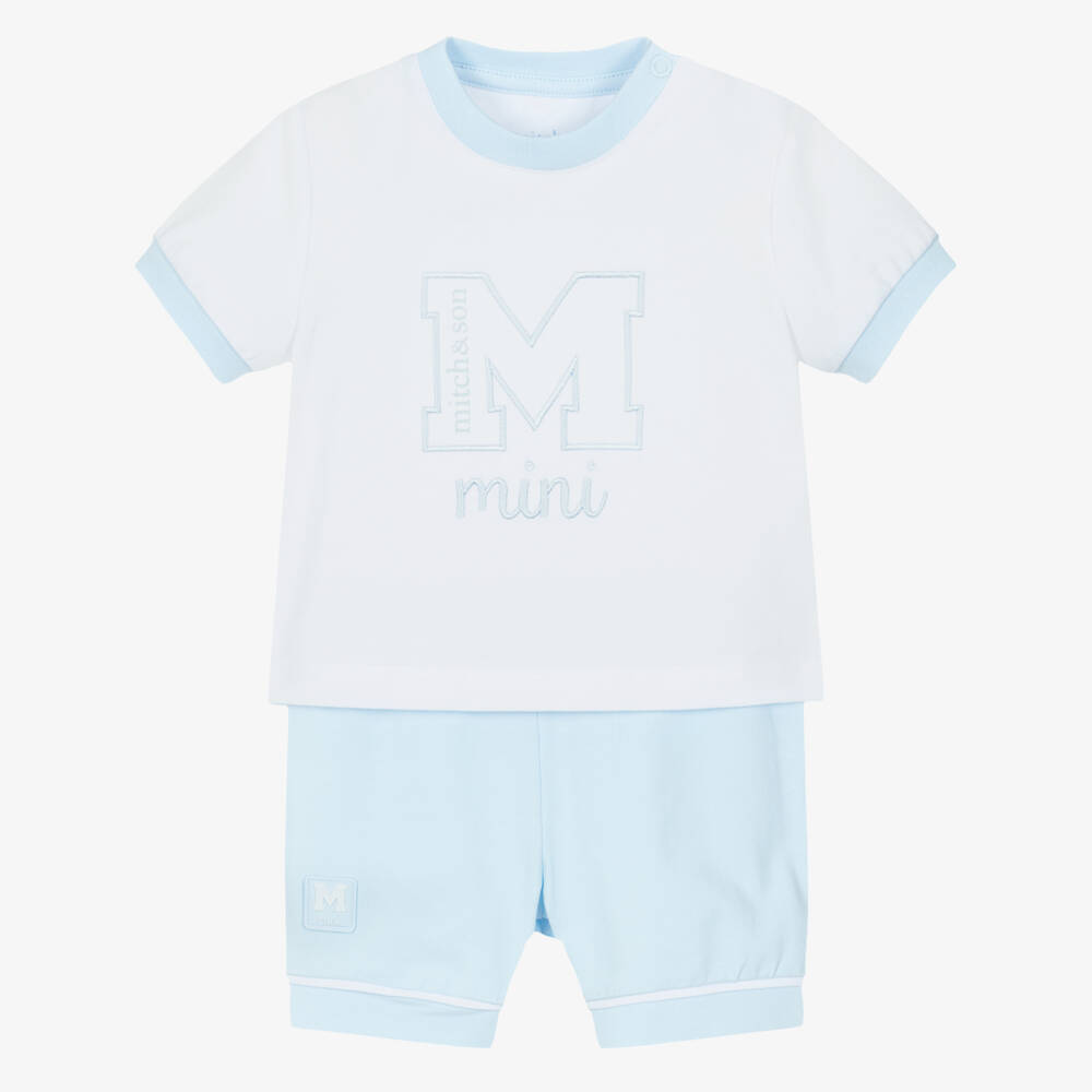 Mitch & Son-Baby Boys White & Blue Embroidered Logo Cotton Shorts Set | Childrensalon